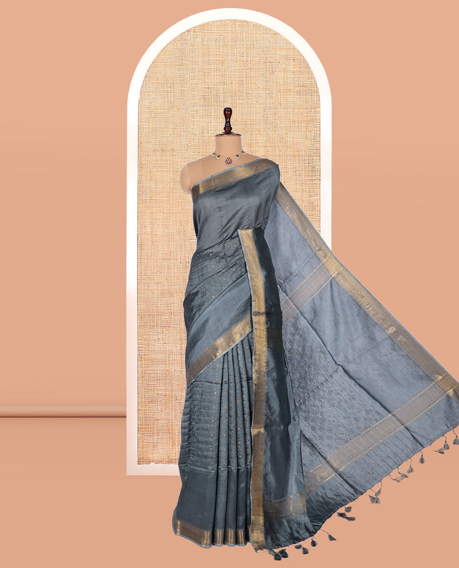 Grey Banana Pith Saree, Graced with Butta Enclosed Checks, a Temple Zari Border, Striped Pallu, and Matching Blouse