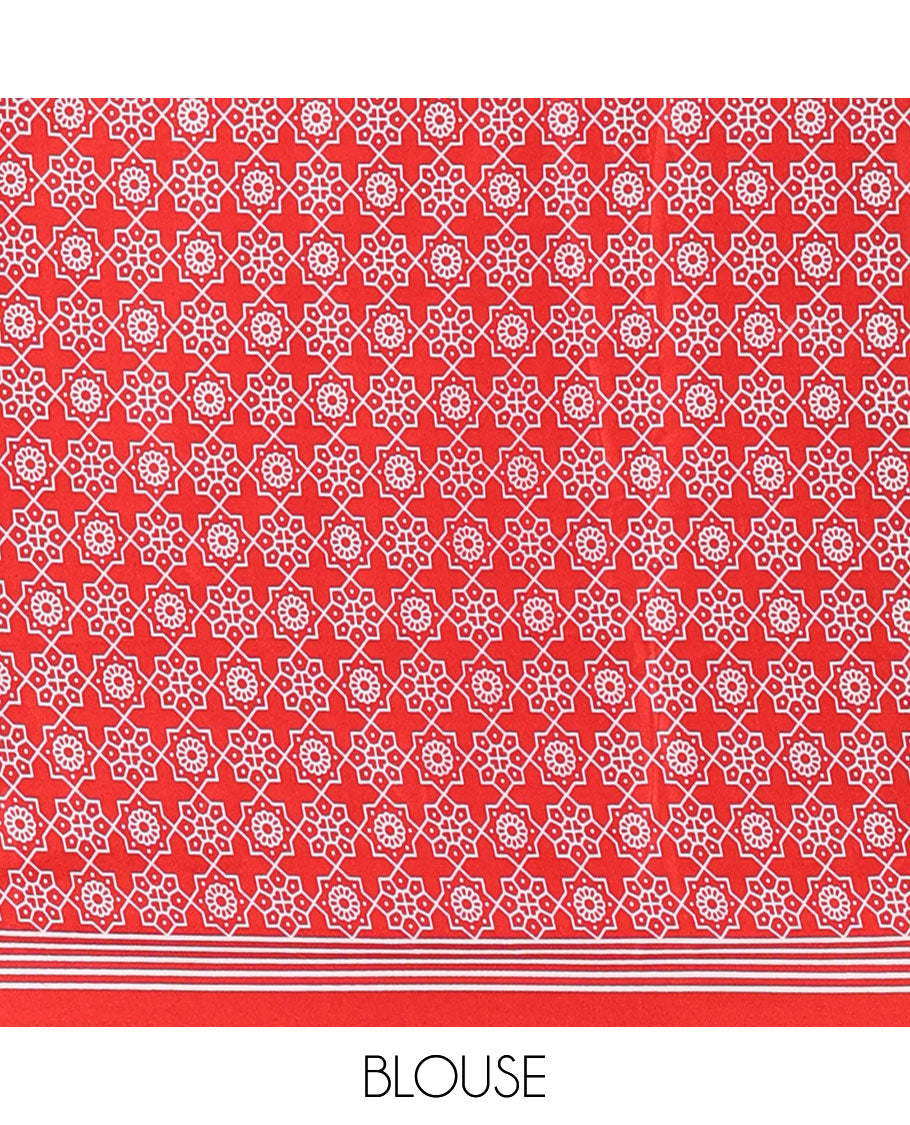 White with red vertical lining printed design semi modal crepe saree with temple border & circle butta pallu along with printed blouse