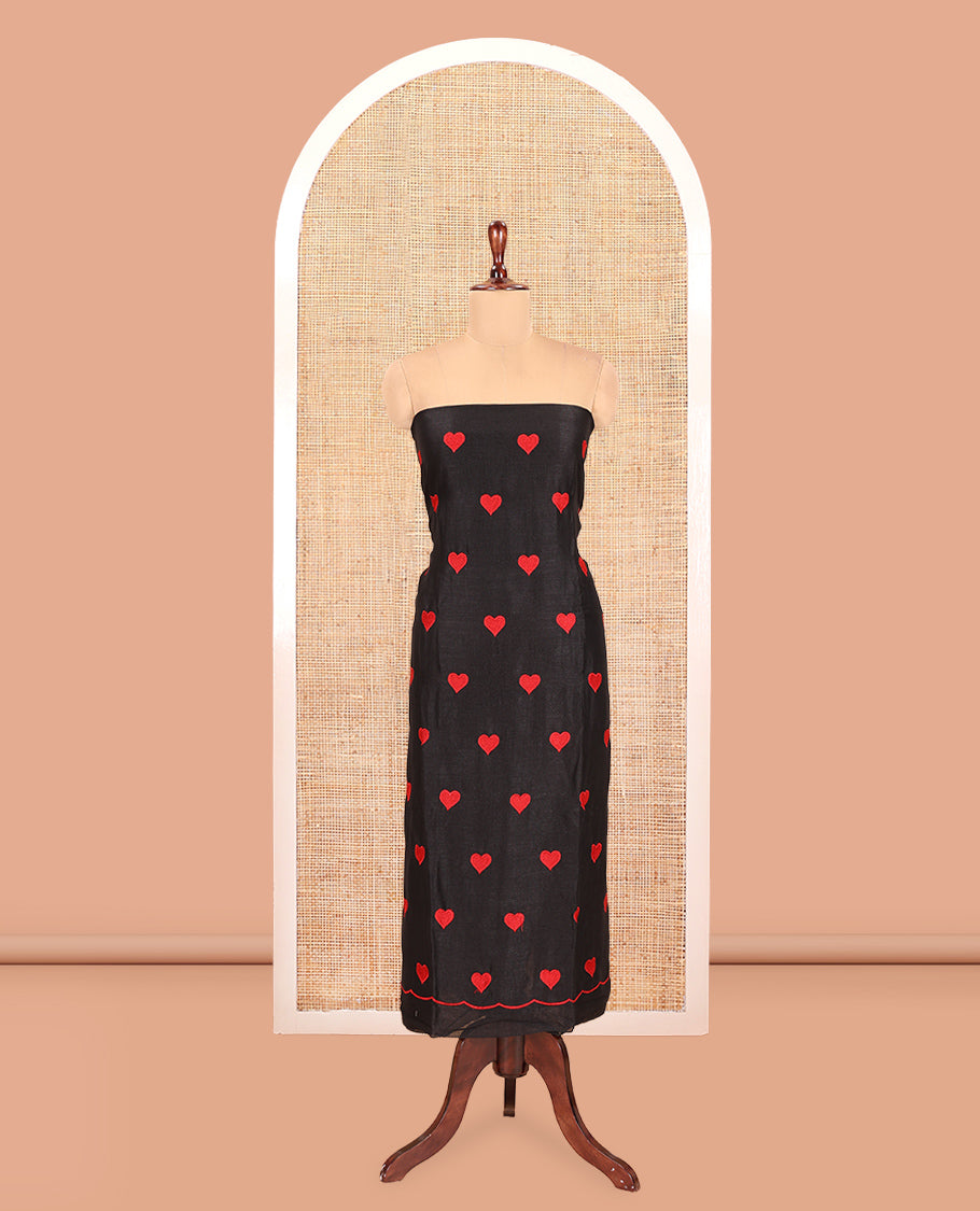 Black Semi-Silk Material Chudidar, Heart Embroidered Top, Plain Bottom, Heart Embroidered Dupatta