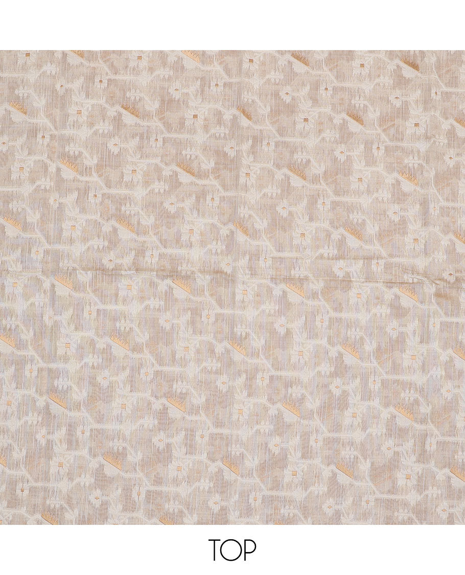 Cream chudidhar material set, ikkat floral design top , brown plain bottom & ikkat floral zari design dupatta
