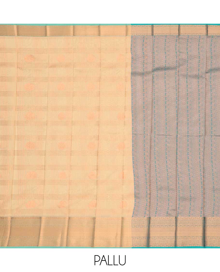 Sandal checked, floral kora cotton saree with contrast zari design border & intricate zari design pallu
