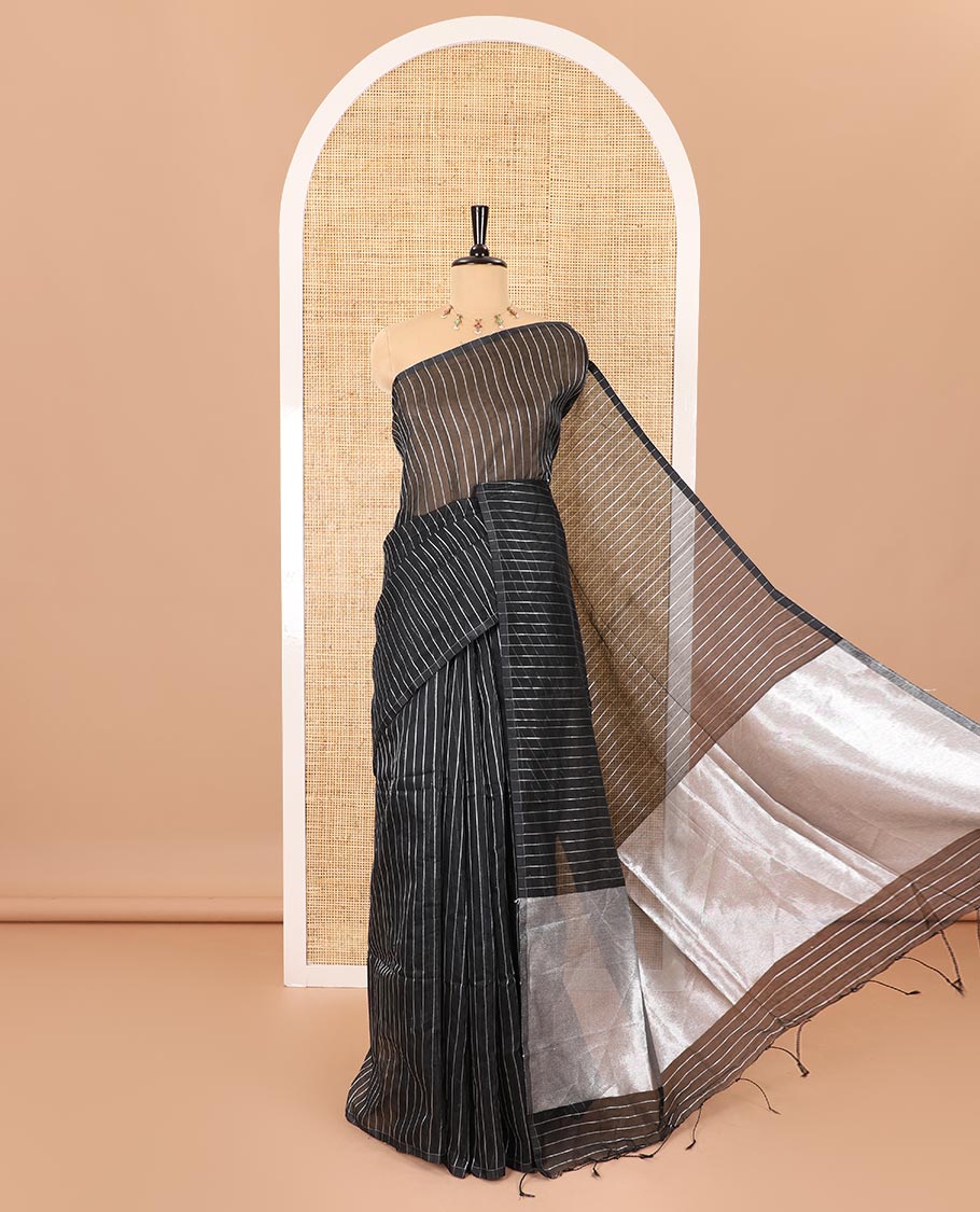 Borderless black silver zari vertically striped khadi mul cotton saree, gleaming zari pallu and a matching blouse