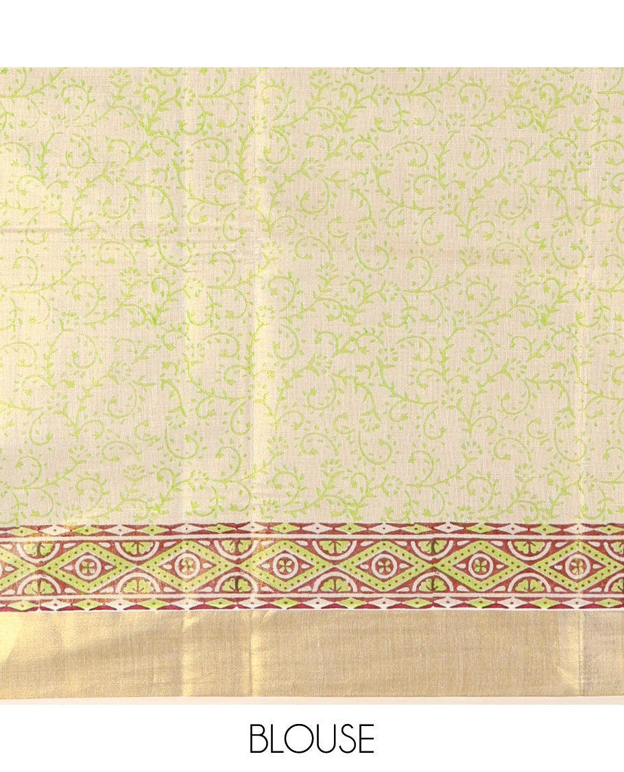 Gleaming Cream Kerala Tissue Saree, Enthralled with Floral Buttas Printed on Its Body, Highlighted by Golden Zari Border, Pallu Adorned with Floral Print, and Paired with a Printed Blouse