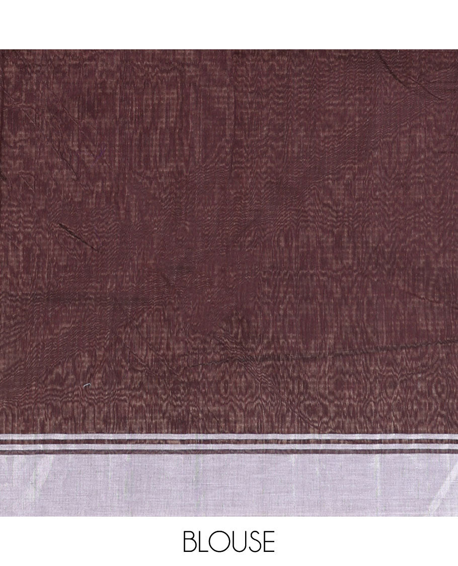 Brown floral motifs chanderi cotton saree with self zari design border & striped pallu