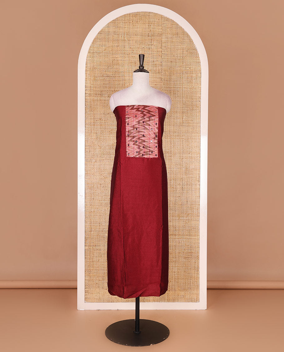 Maroon Vertican silk material chudidar set, ikkat chevron striped with mirror neck embroidered top, santoon bottom, and contrast chevron striped dupatta
