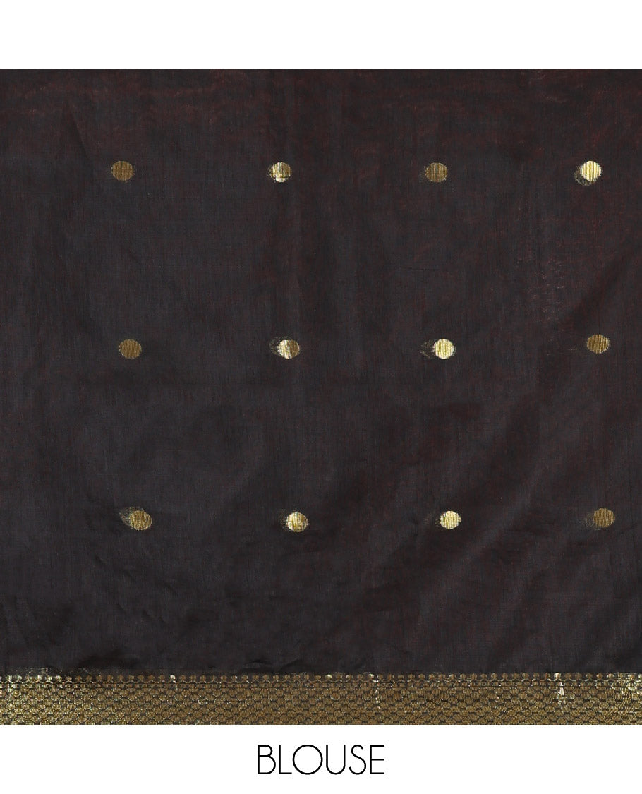Red Maheshwari Cotton Saree, Flower Buttas All Over Its Body, Highlighted by Zari Border, Pallu of Contrast Floral Buttas, and a Contrast Blouse