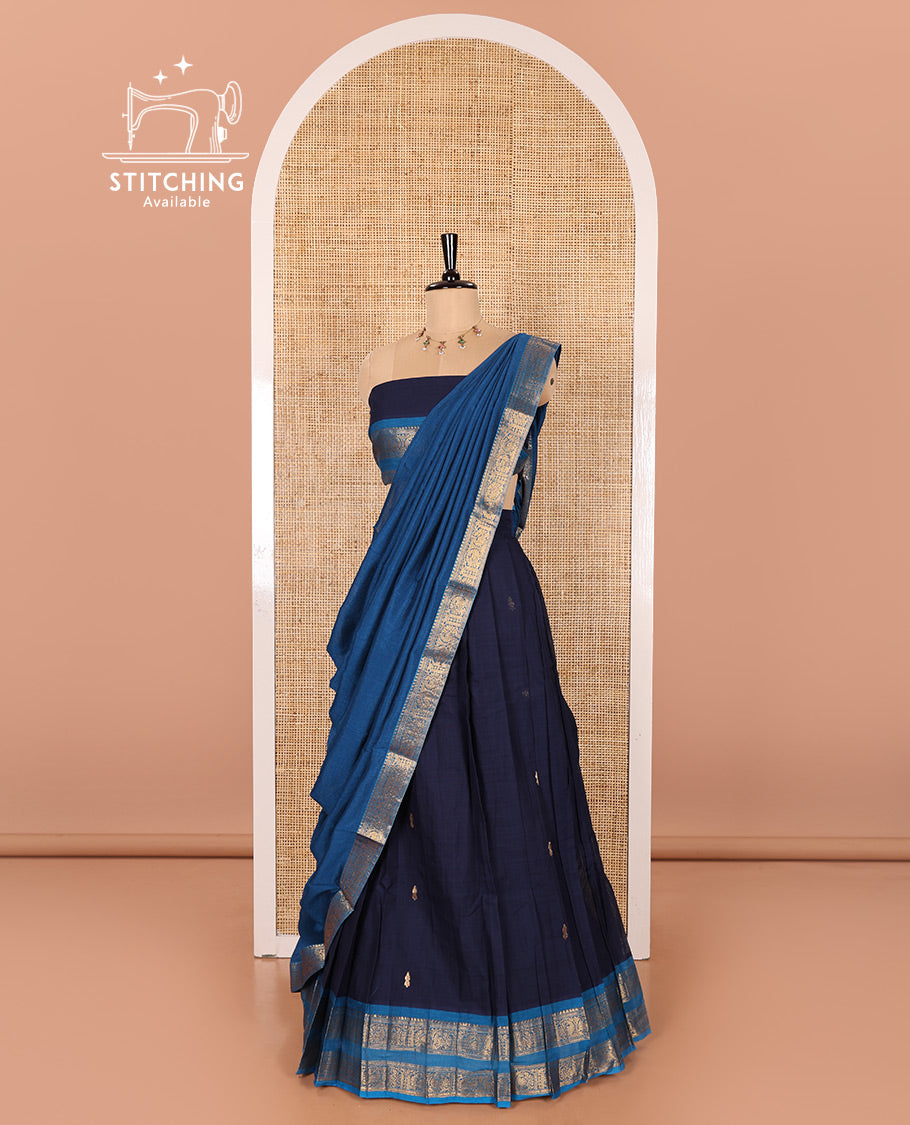 Navy Blue and Ananda Blue Chettinad Cotton Half-Saree Featuring Buttas Woven Skirt, Highlighted with a Contrast Rettai Pettu Peacock Motifs Woven Zari Border, a Subtly Woven Matching Blouse, and a Vichitra Silk Contrast Traditional Zari-Bordered Dhavani