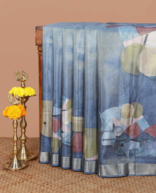 Sky blue geometrical print crush tissue saree with zari border & tissue pallu along with plain blouse