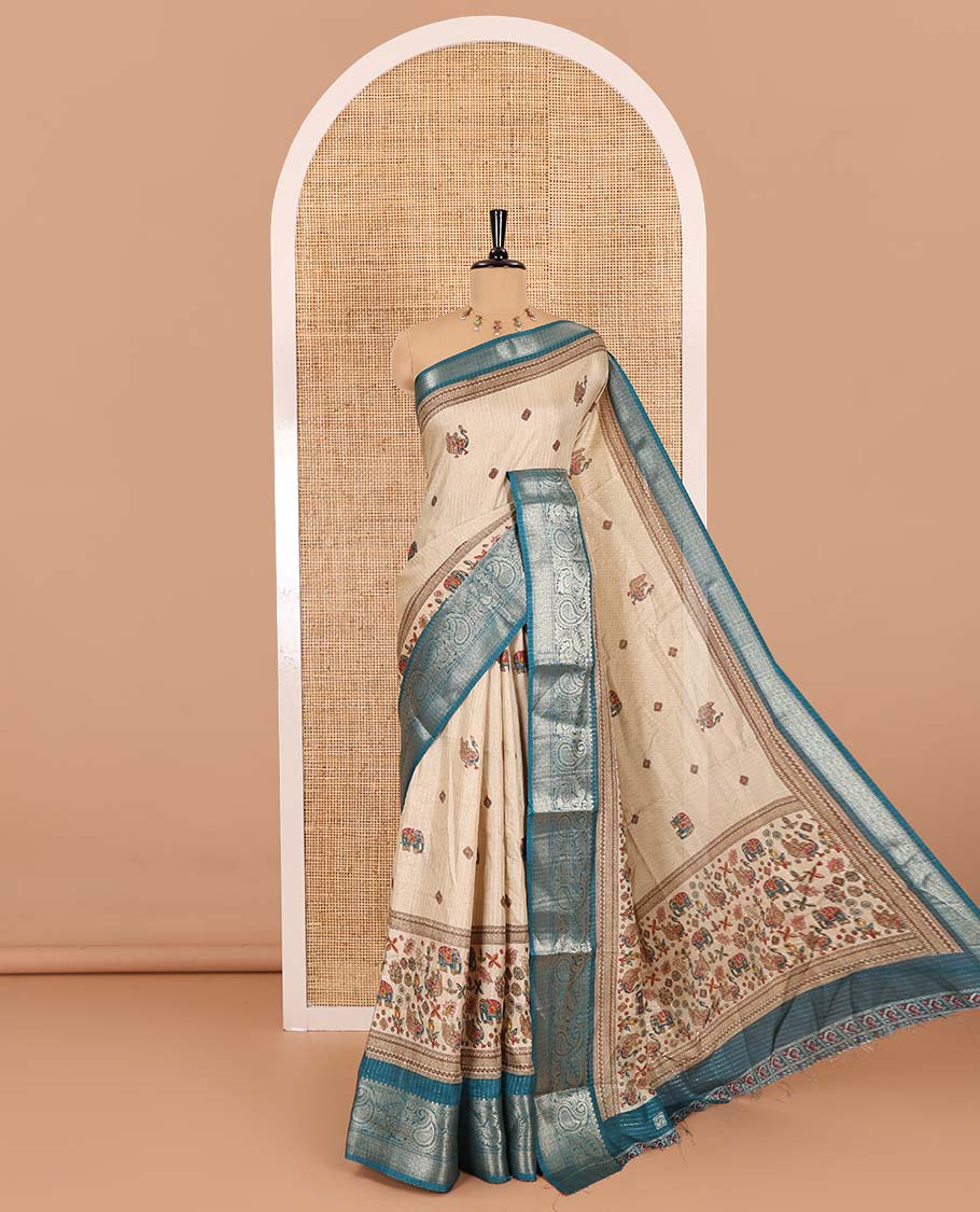 Chikku-rama green vertical striped, and animal motifs printed dola silk saree, contrast manga motifs zari border, animal motifs printed pallu, and a contrast printed blouse