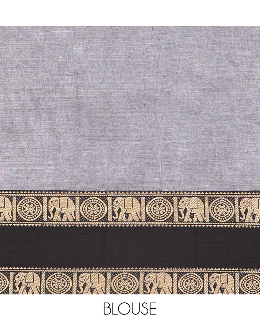 Grey Plain Mercerised Cotton Saree, Complemented by a Contrast Ganga-Jamuna Rettai Pettu Thread Border of Temple, Elephant, and Chakram Designs, Subtly Striped Pallu, and Paired with a Matching Blouse
