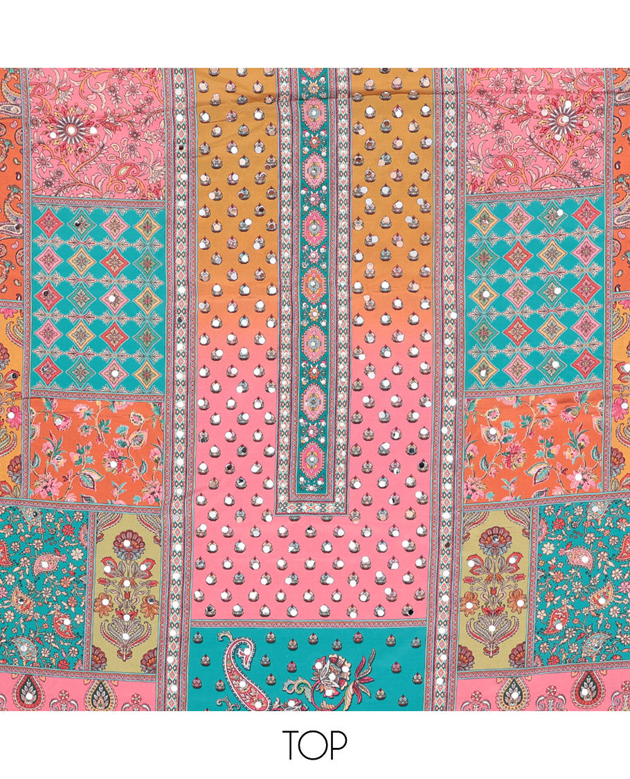 Multi-color chudidhar material set floral design with mirror work, blue plain bottom & floral design mirror work dupatta