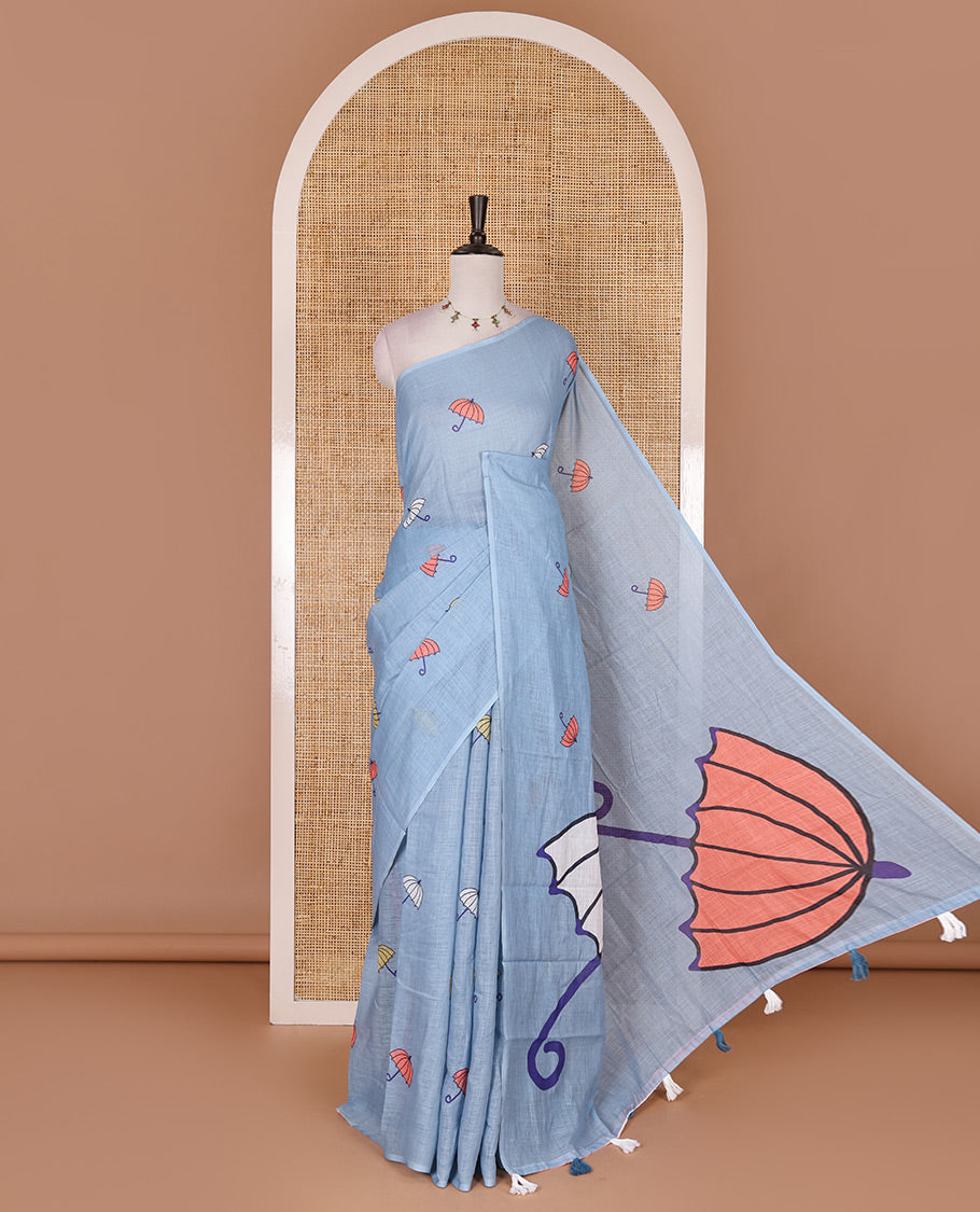 Borderless Sea blue umbrella motifs printed linen cotton saree, self-pallu of big umbrella motifs and contrast blouse