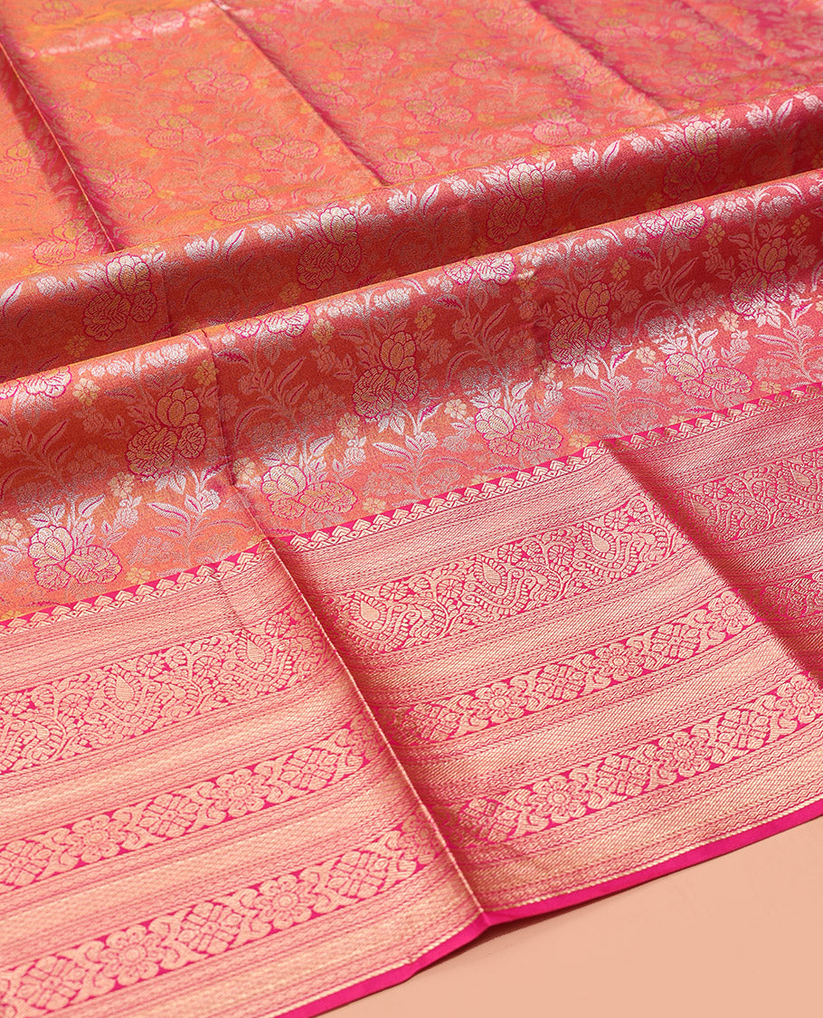 Pink Art Silk Half-Saree, Ornamented with Floral Jacquard Design, Contrast Traditional Zari Border, and Paired with a Matching Blouse
