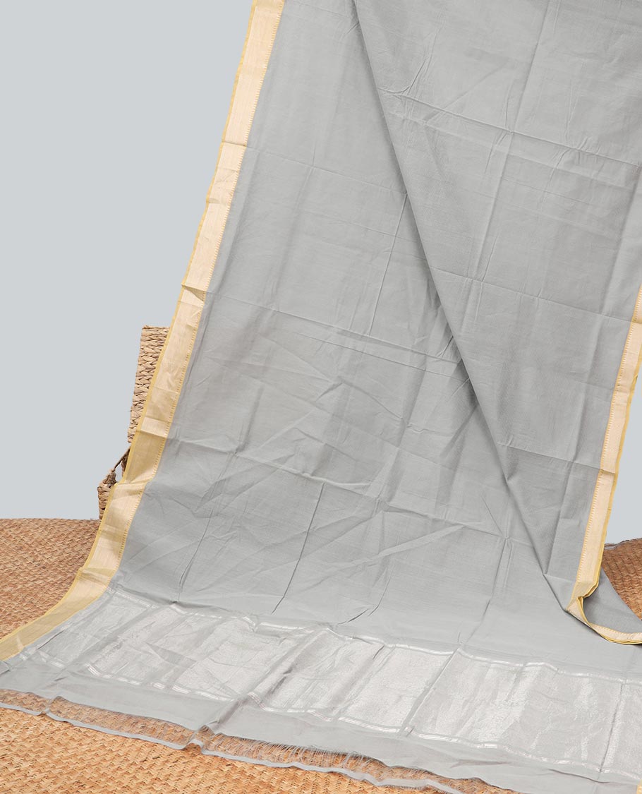 Grey mangalagiri cotton saree with contrast striped, temple border & striped pallu