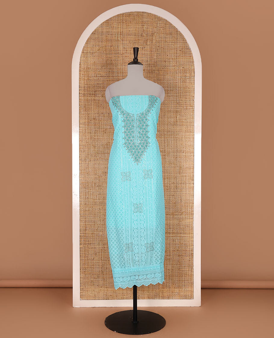 Aqua green material churidar set, stone work with Schiffli style embroidered georgette top, American Crape bottom, and polka dotted printed mirror work dupatta