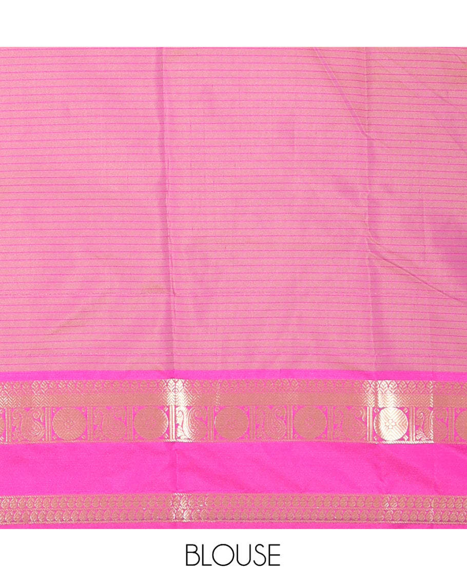 Green Striped Semi-Katan Silk Saree, a Contrast Traditional Zari Border, Plain Pallu, and a Contrast Blouse