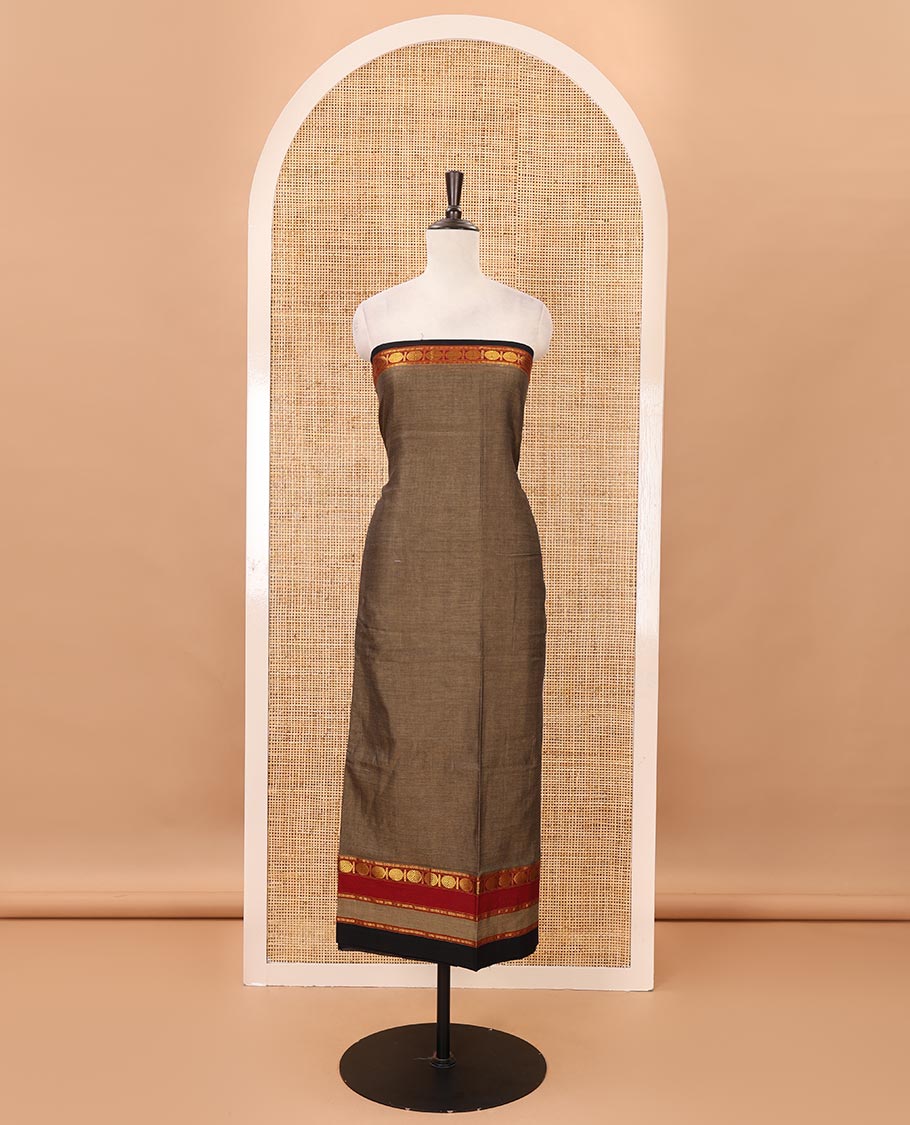 Walnut brown mercerized cotton material chudidar set,plain contrast traditional rudraksham border top,matching bottom & 2-sided rudraksham border dupatta