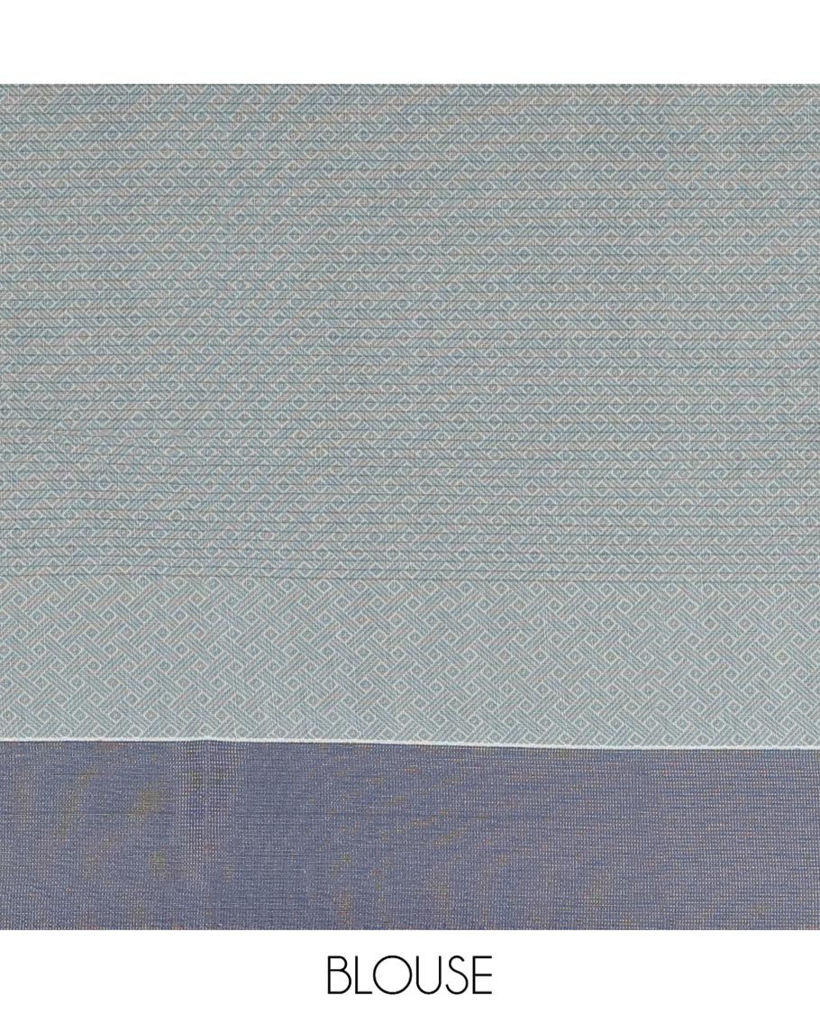 Pastel Blue Semi-Silk Cotton Saree, Sparsely Woven with Buttas and Geometric Designs All Over Its Body, Complemented by Contrast Border, Sparsely Woven Pallu of Geometric Designs, and Paired with a Matching Blouse