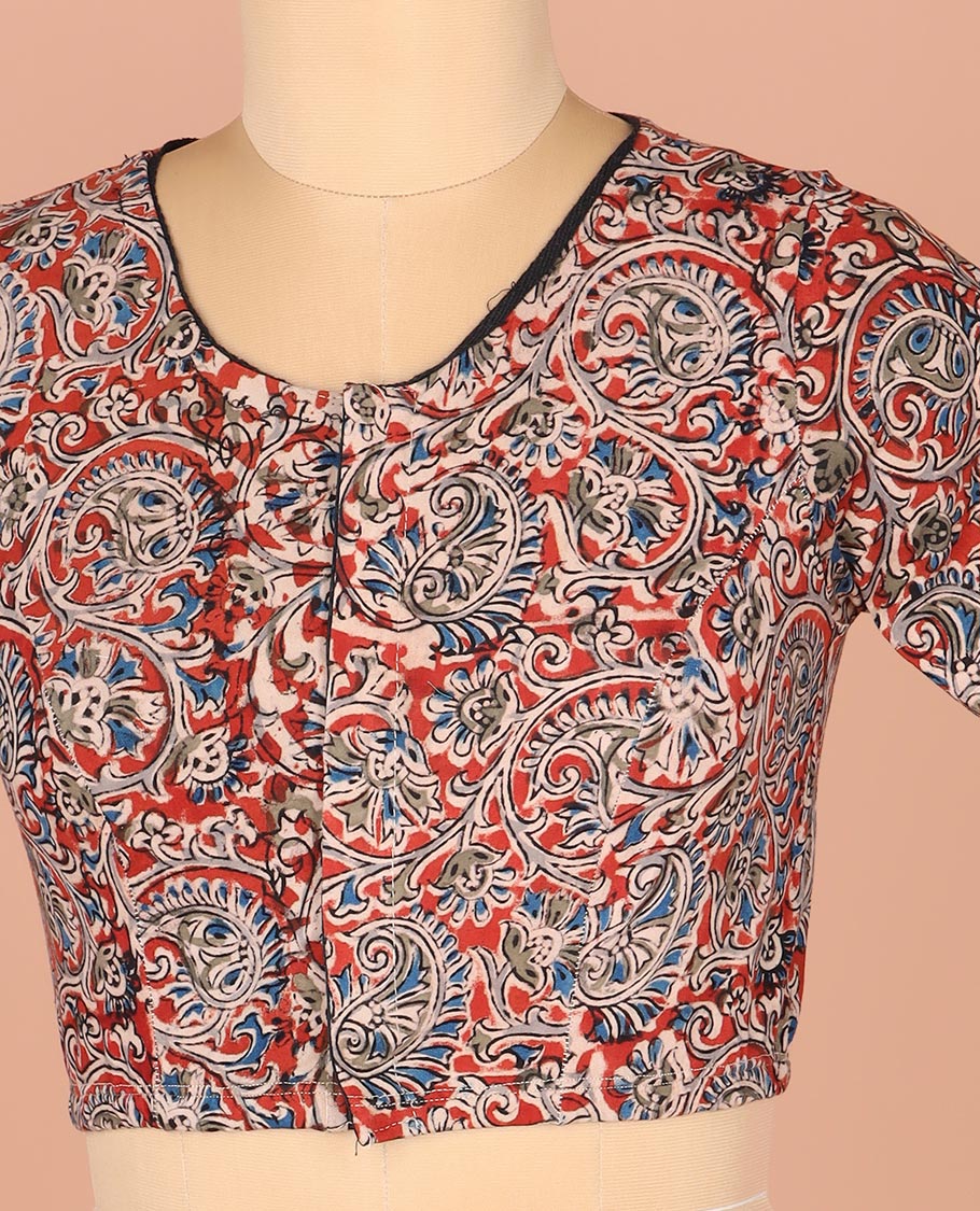 Red Readymade Blouse Finely Detailed with Floral-Paisley Motifs Print, Featuring Front Round Neck, Back Closed Neck, and Elbow Sleeves