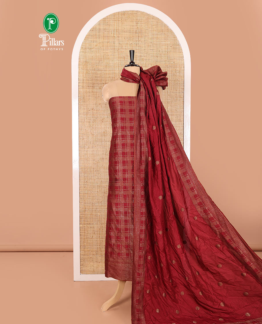 Red Material Chudidar Set Adorned with Copper Zari Checks Semi-Modal Silk Top, Subtly Made Plain Santoon Bottom, and a Semi-Modal Dupatta Featuring Polka Dots in Zari