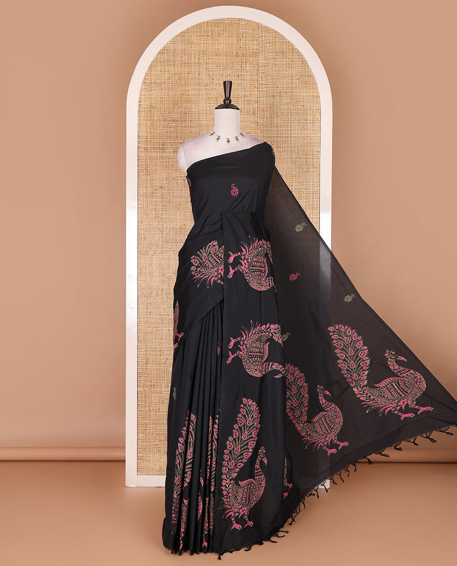 Borderless black pretty peacock motifs hand block style printed south cotton saree with contrast printed blouse