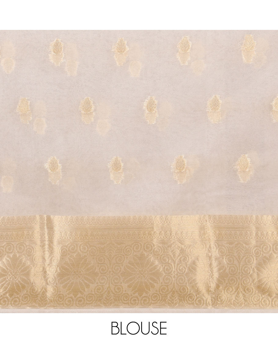 White semi-organza saree with zari buttas, zari border of temple & floral creeper designs, zari design pallu & running blouse