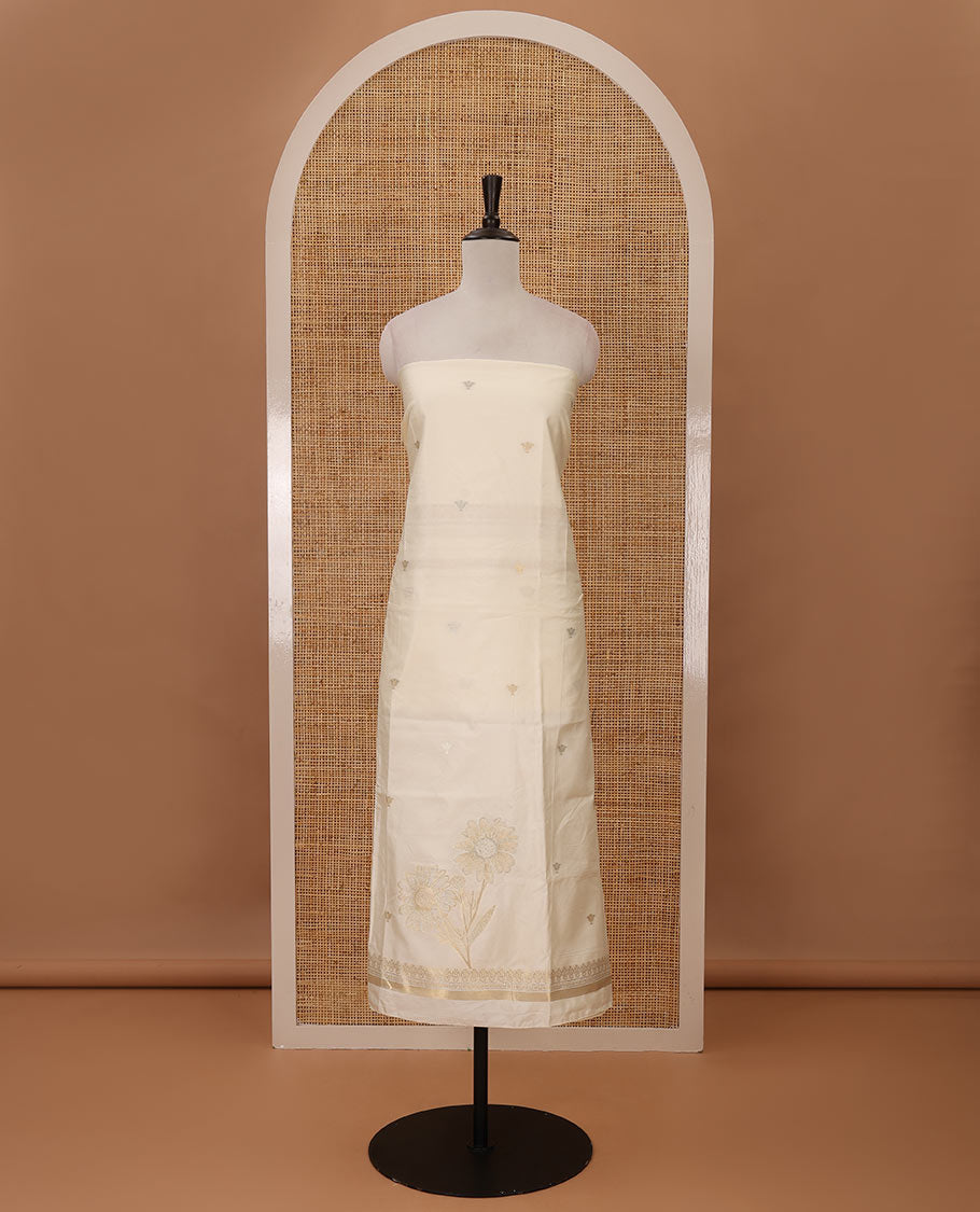 Kerala cream chudidar material,zari buttas & sunflower motif taffeta silk top, plain cream santoon bottom & sunflower zari motif dupatta