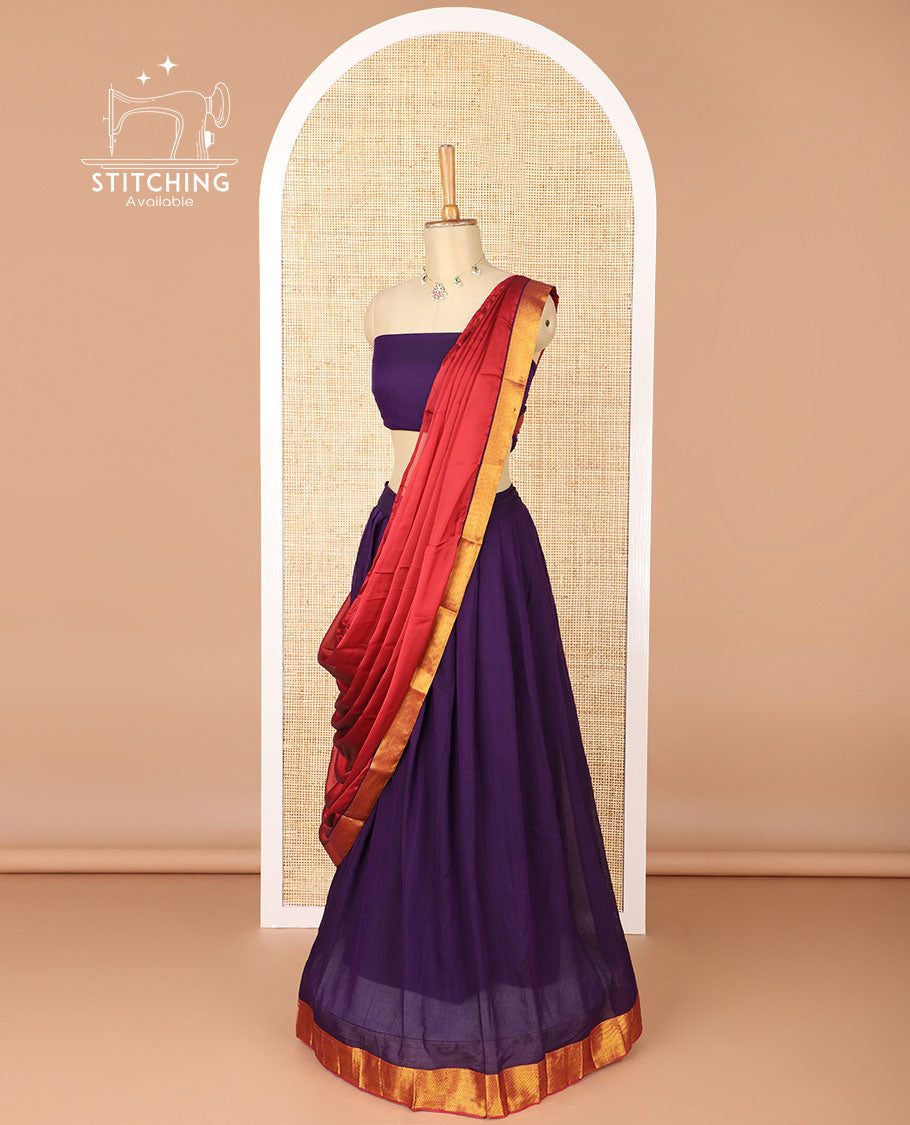 Violet mercerised cotton daman zari border half saree with cotton blouse & skya georgette one side zari border dhavani