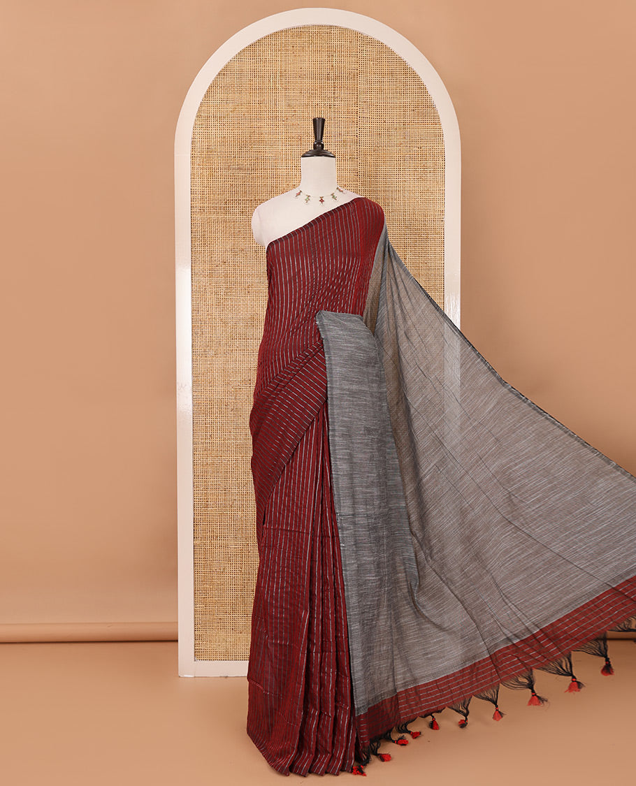 Borderless maroon vertically striped khadi cotton saree, contrast grey plain pallu & matching plain blouse