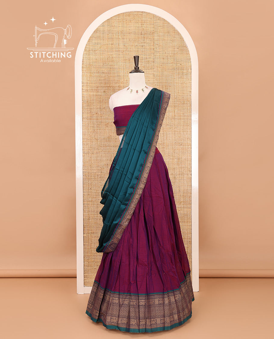 Purple with green cotton half saree with contrast elephant design border,elephant design blouse & zari design border dhavani