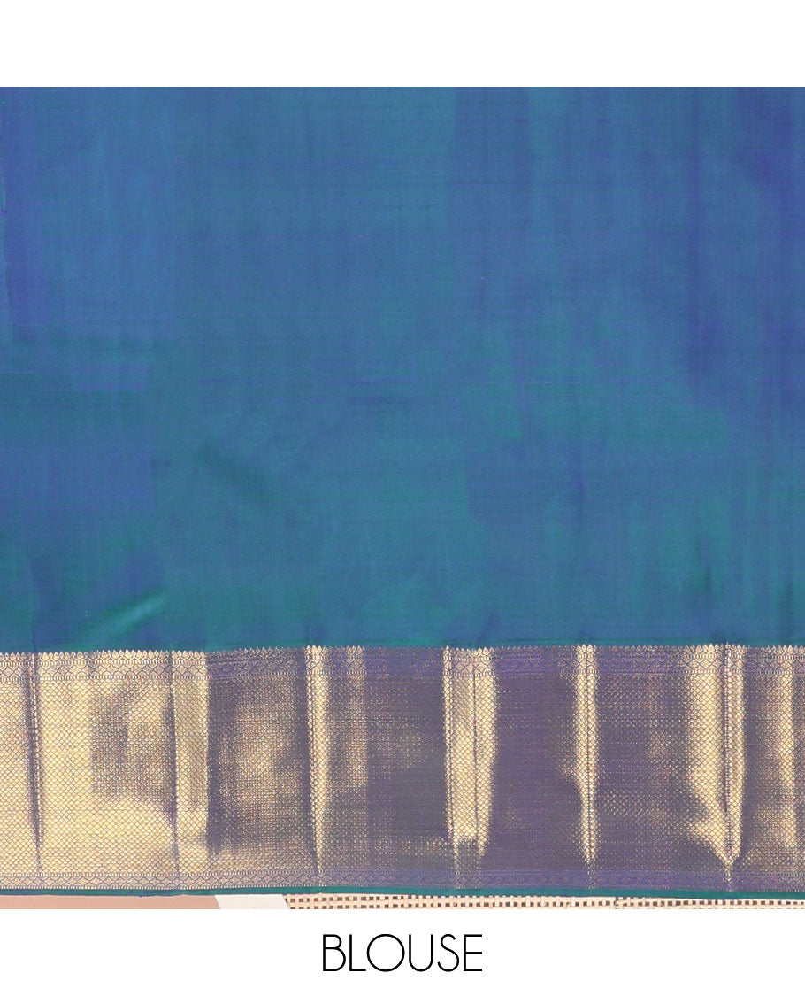 Blue geometric design silk saree with self border of thilakam mokku, mayil kann design & zari design pallu