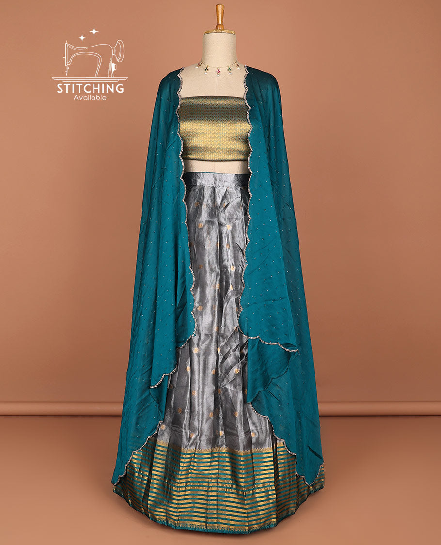 Dark grey buttas half saree with contrast striped zari design border, zari design blouse & embroidery scallop border design dhavani