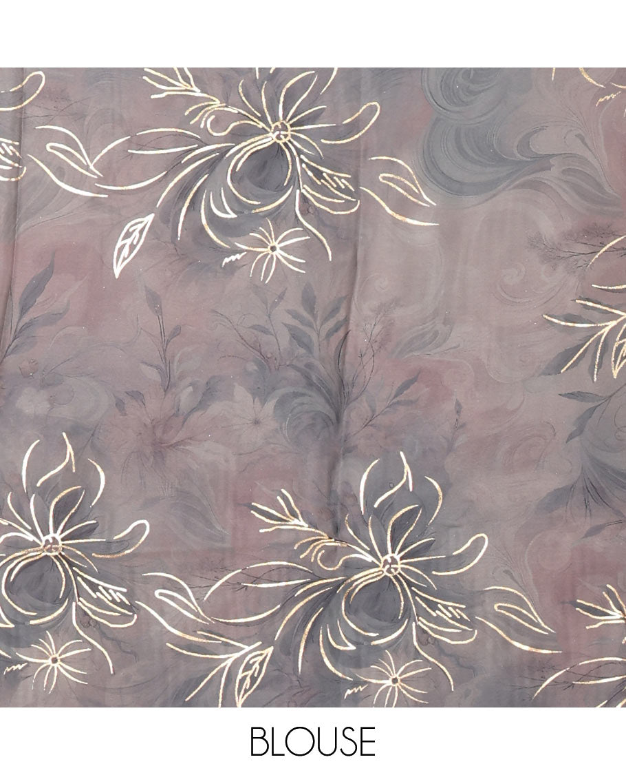 Borderless onion pink abstract-style floral digital print with golden foil print satin silksaree, digital printed blouse