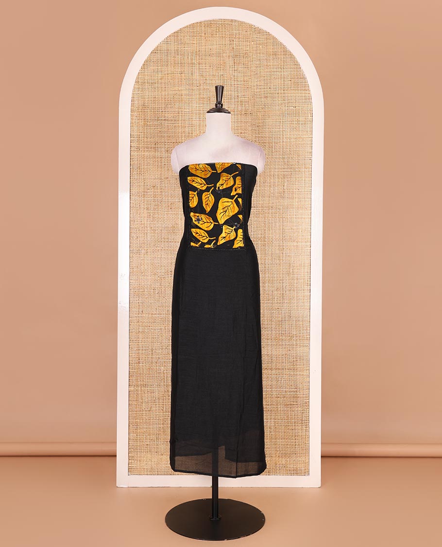Black and yellow material churidar set, neck leaf print with mirror work Vichitra silk top, plain santoon bottom, and leaf printed shimmer georgette dupatta