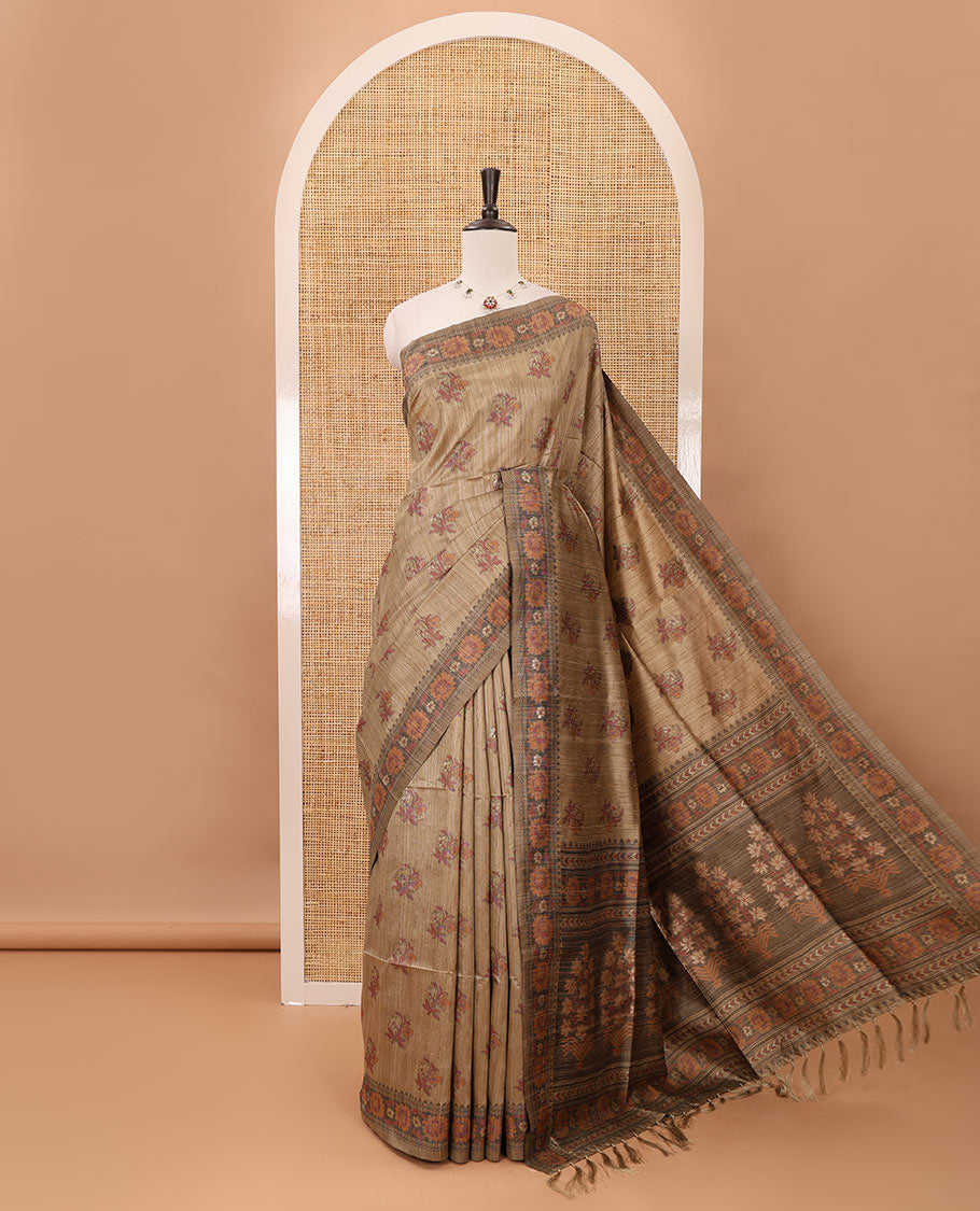 Chikku colorful thread floral buttas woven banarasi jute saree, floral design border, jamdhani-style woven pallu & plain blouse
