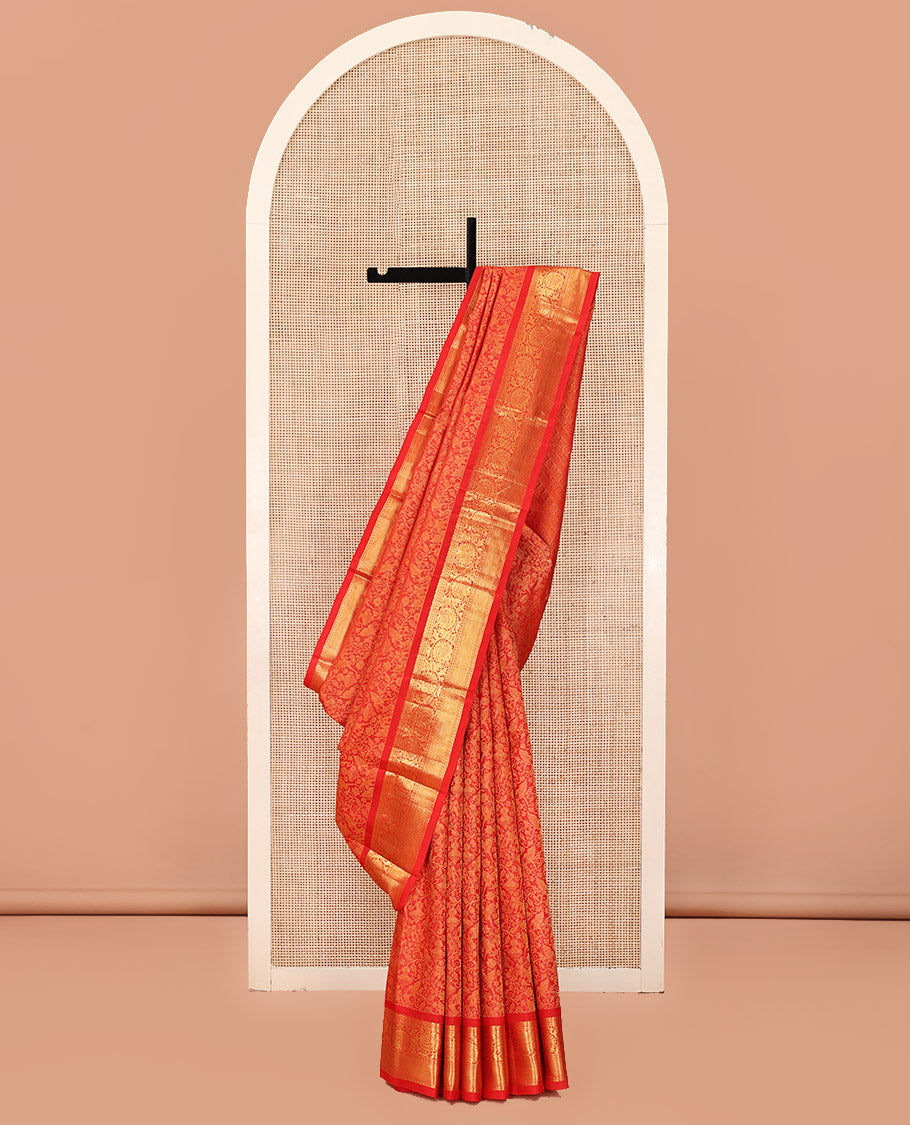 Rust Kanchipuram Wedding Silk Saree, Elevated with Jacquard Design On Its Body, Highlighted by Zari Border of Kodi Visiry, Neli, and Vanki Designs, Delicately Woven Pallu, and Paired with a Matching Blouse