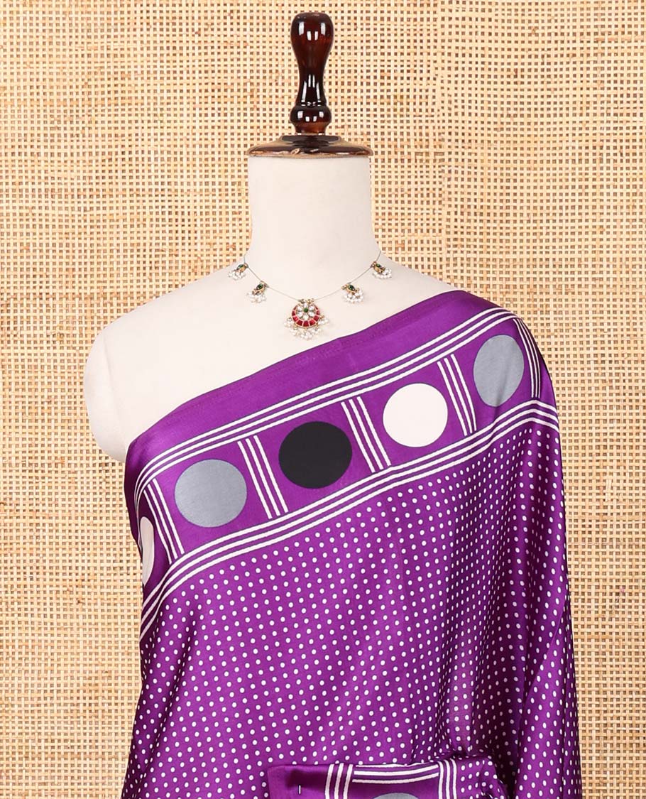 Violet small polka dots printed gajji silk saree with self-border & pallu printed with a dot enclosed checks, blouse with intricate motif print