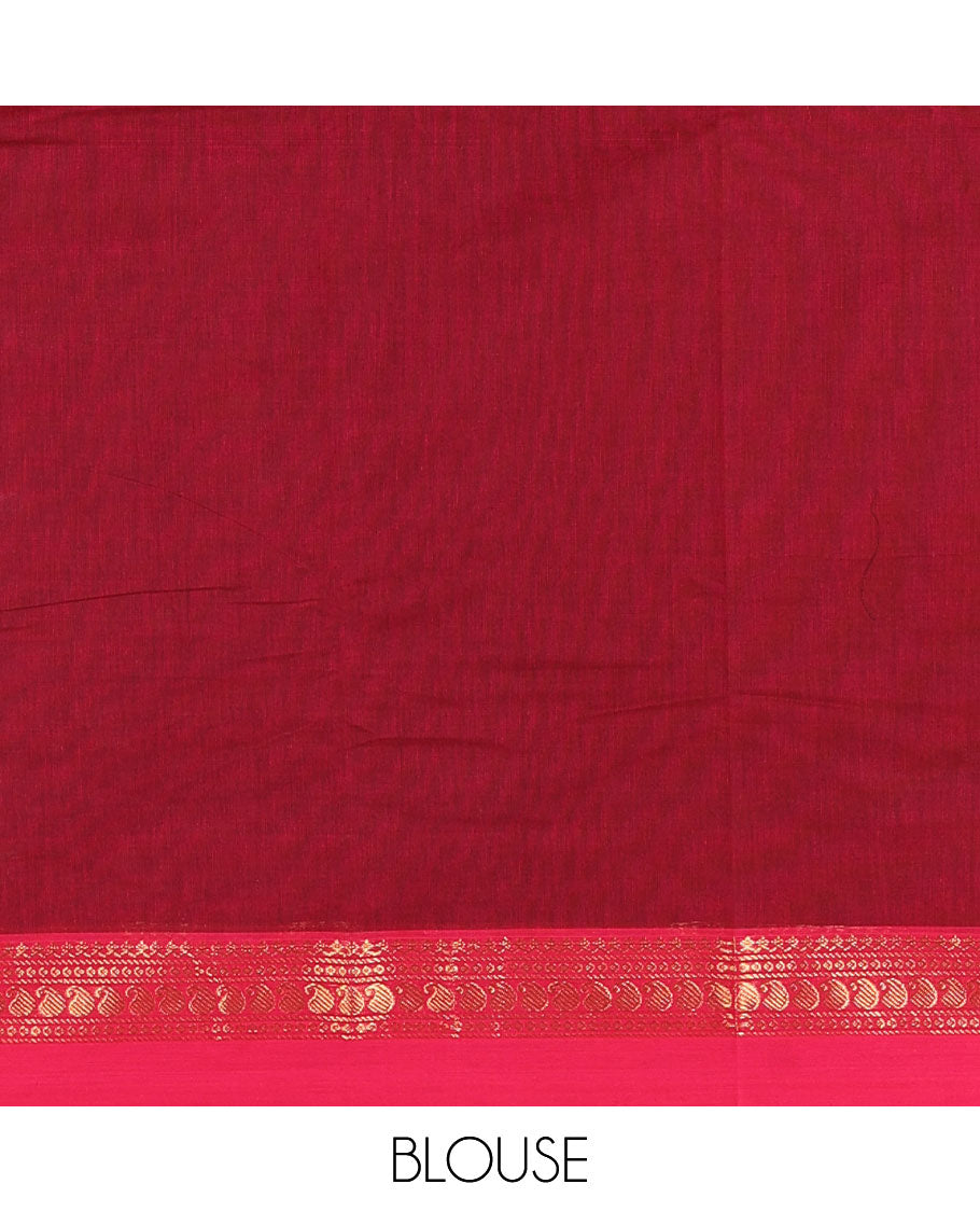 Maroon vanasingaram style flora-fauna motifs, Chettinad cotton saree, contrast traditional zari border, striped pallu, and contrast blouse