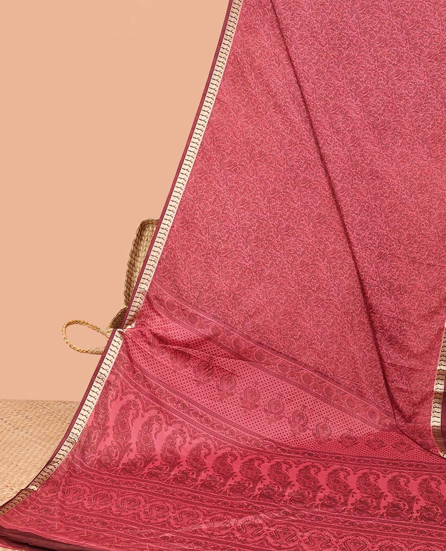 Red floral printed semi-banaras printed saree, paisley motifs border & intricate paisley motifs border