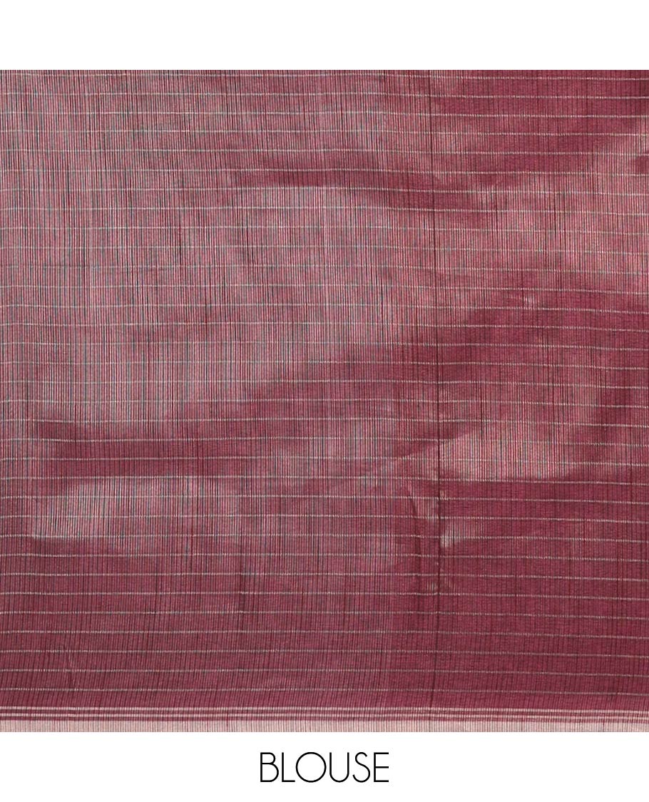 Purple zari checks linen slub saree with zari piping border & lining pallu along with brocade blouse