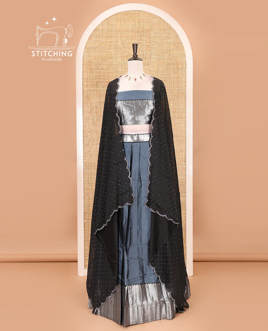 Grey-black taffeta silk half-saree, plain & contrast temple & kathir boder skirt, matching blouse & contrast stonework scallop border syska georgette dhavani