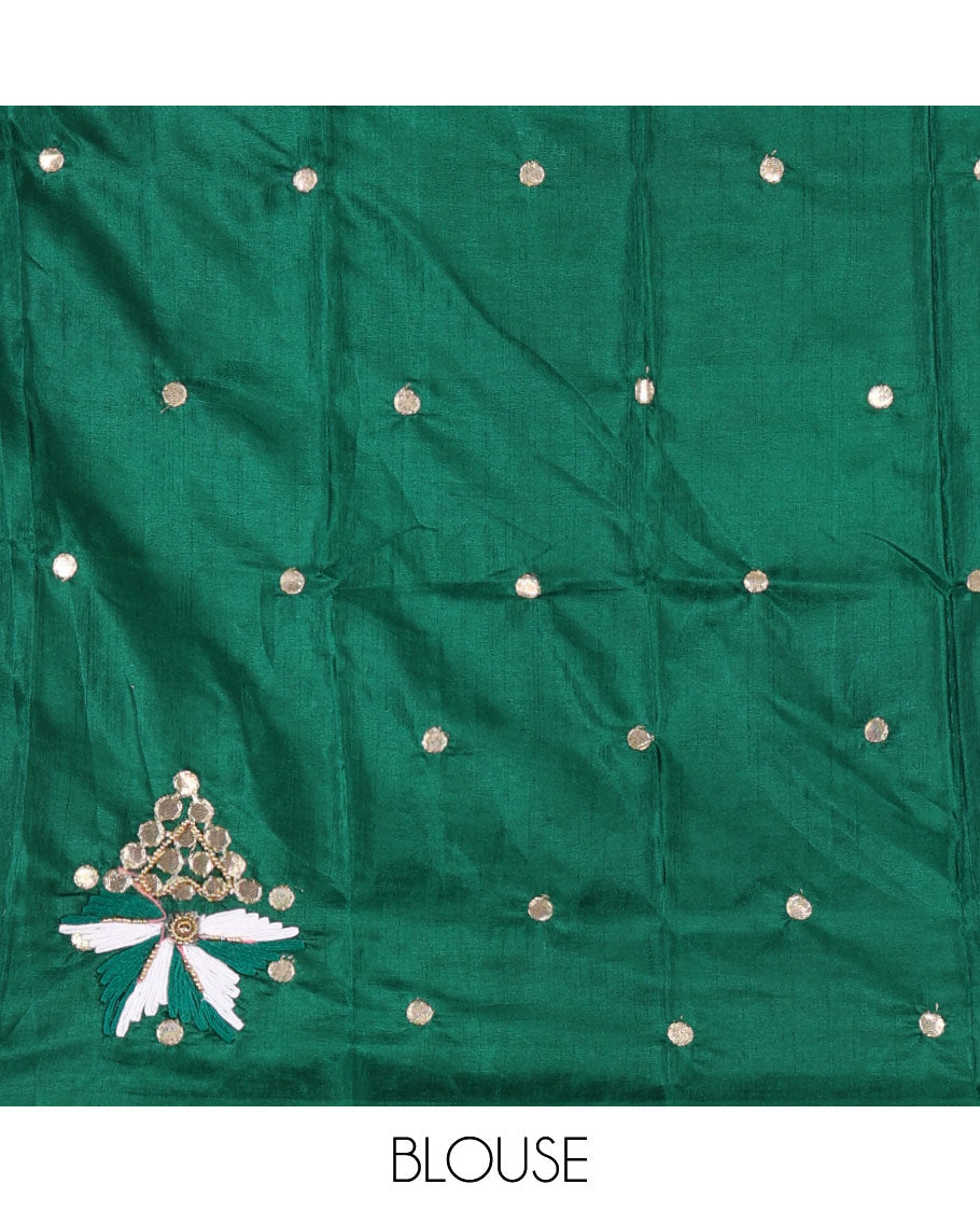Cream floral placement-style printed Marble chiffon saree, zari border & contrast rama green gotta patti work & mixed embroidered blouse