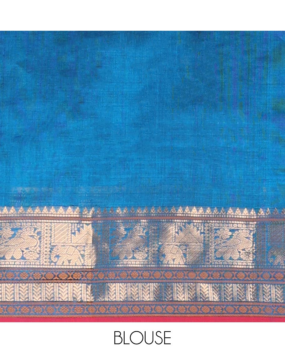 Blue motifs enclosed with checked cotton silk saree with self traditional zari design border & intricate zari design pallu