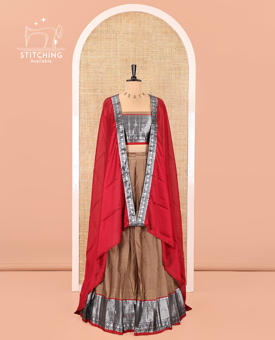 Chikku-Red Mercerised Cotton Half-Saree Features Plain with Contrast Traditional Zari Bordered Skirt, Paired with a Matching Blouse, and Comes with a Contrast Bordered Dhavani