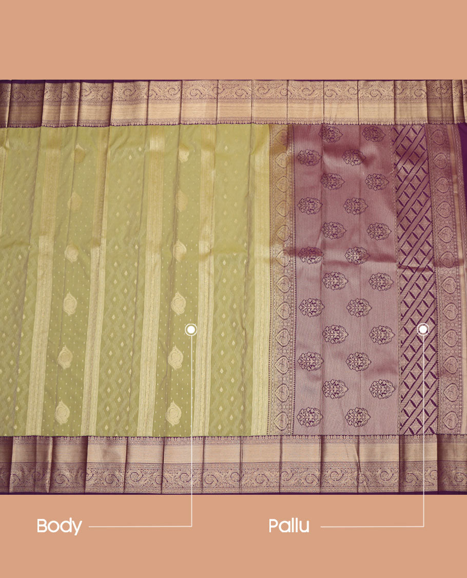 Green Budget Silk Saree, Beautifully Bedecked with Zari Buttas All Across Its Body, Complemented by a Contrast Traditional Zari Design Border, Pallu of Floral and Jaal Designs, and Paired with a Contrast Blouse
