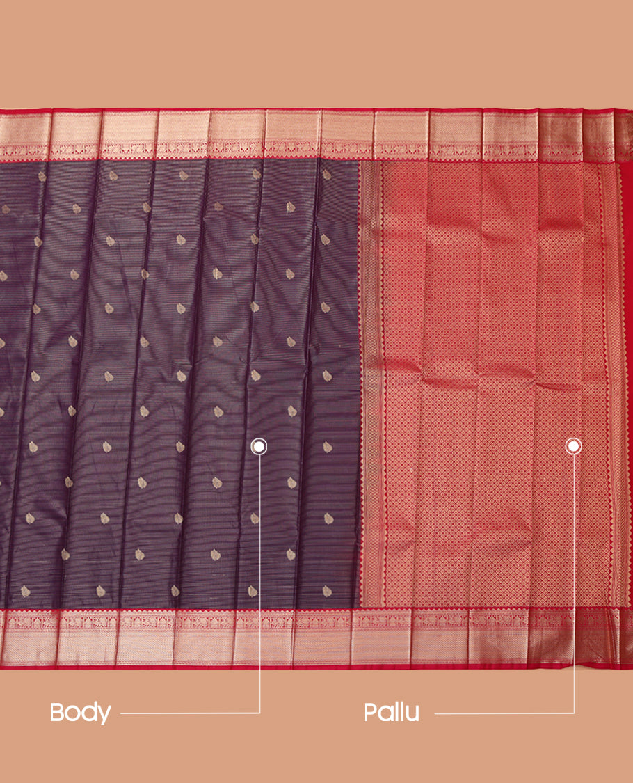 Purple Budget Silk Saree Featuring Zari Buttas and Stripes, a Contrast Traditional Zari Border, Grand Pallu, and a Contrast Blouse