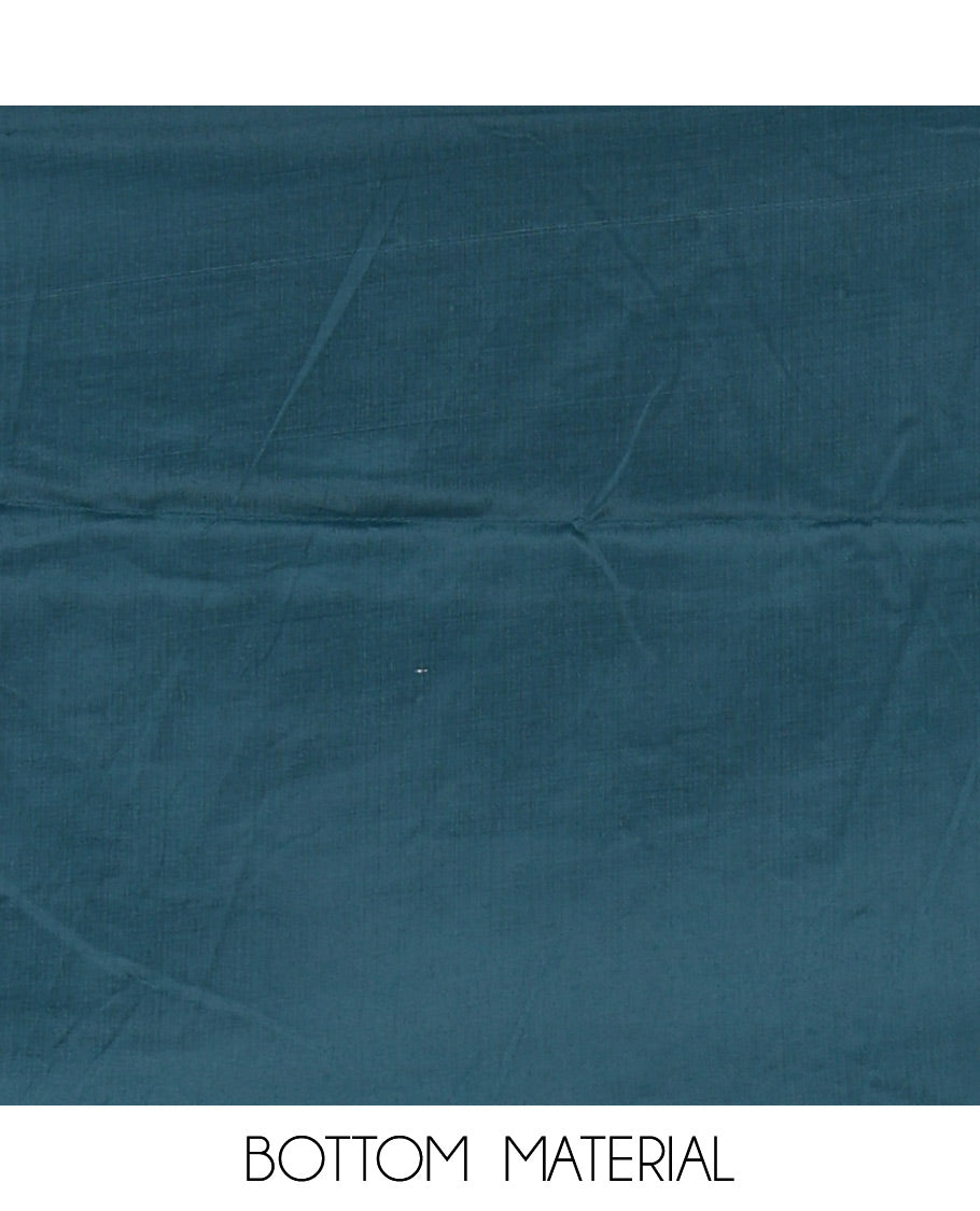 Teal material chudidar set, horizontal ombre striped semi-tussar top, plain santoon bottom & horizontal ombre striped dupatta with tassels