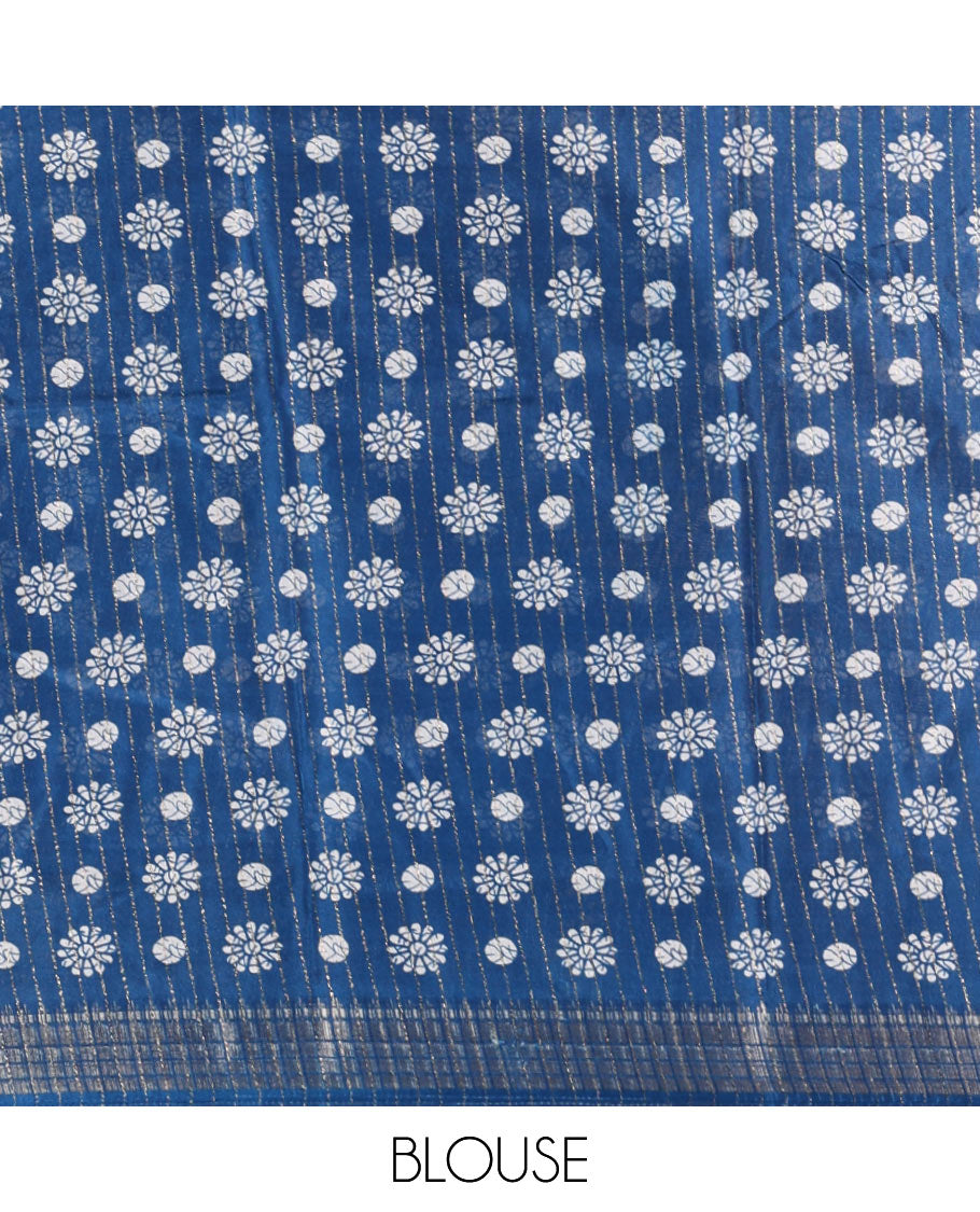 Blue golden zari striped & batik-printed dola silk saree, traditional zari border & batik printed pallu & matching batik printed blouse