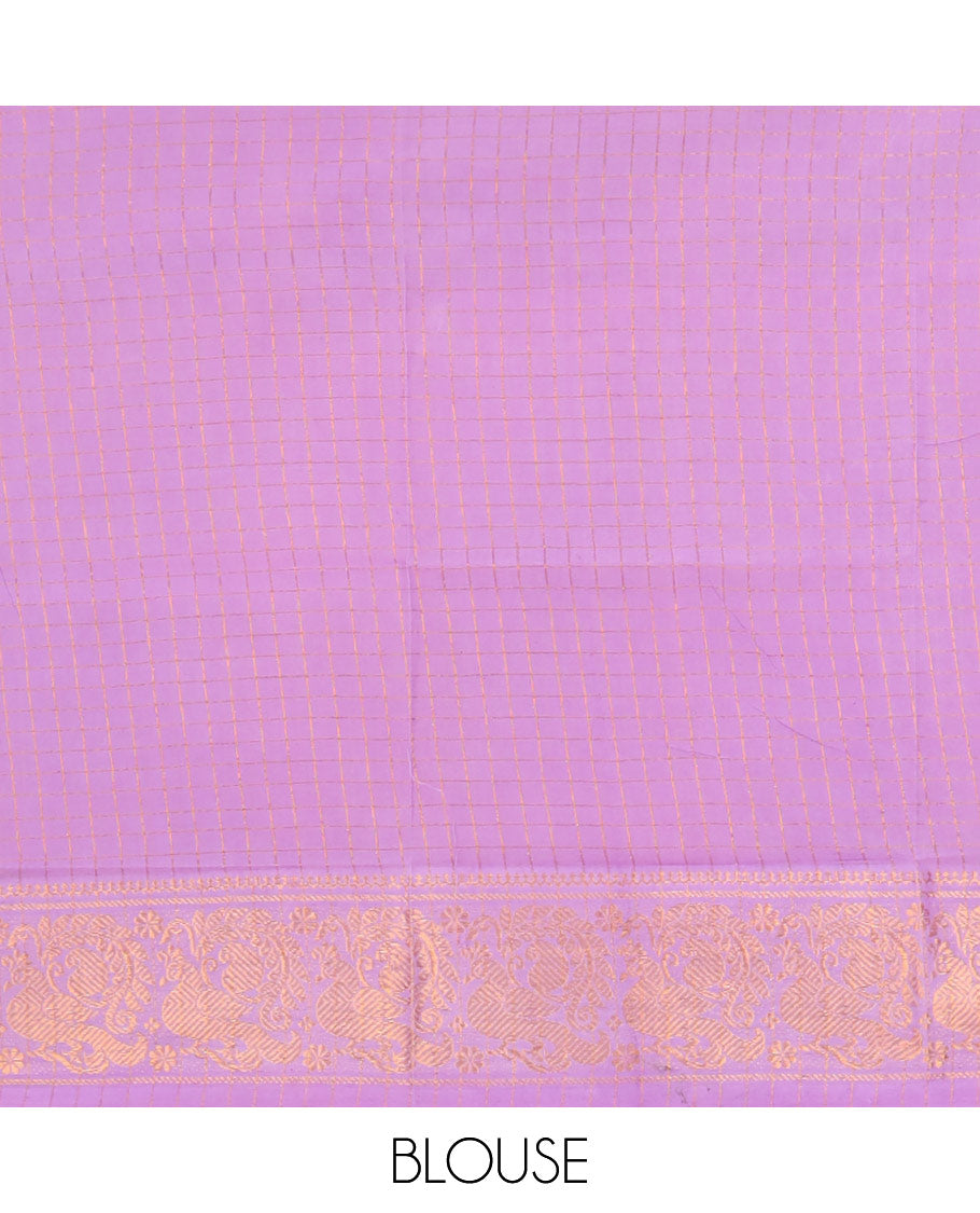 white with violet gold zari checks sungudi cotton saree, contrast jacquard border & chit lining pallu along with checked design blouse