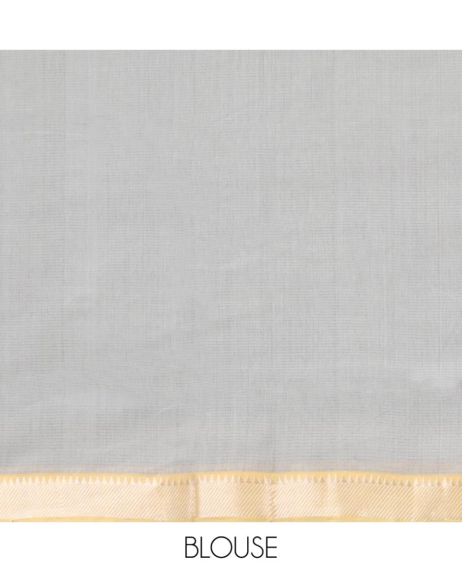 Grey mangalagiri cotton saree with contrast striped, temple border & striped pallu